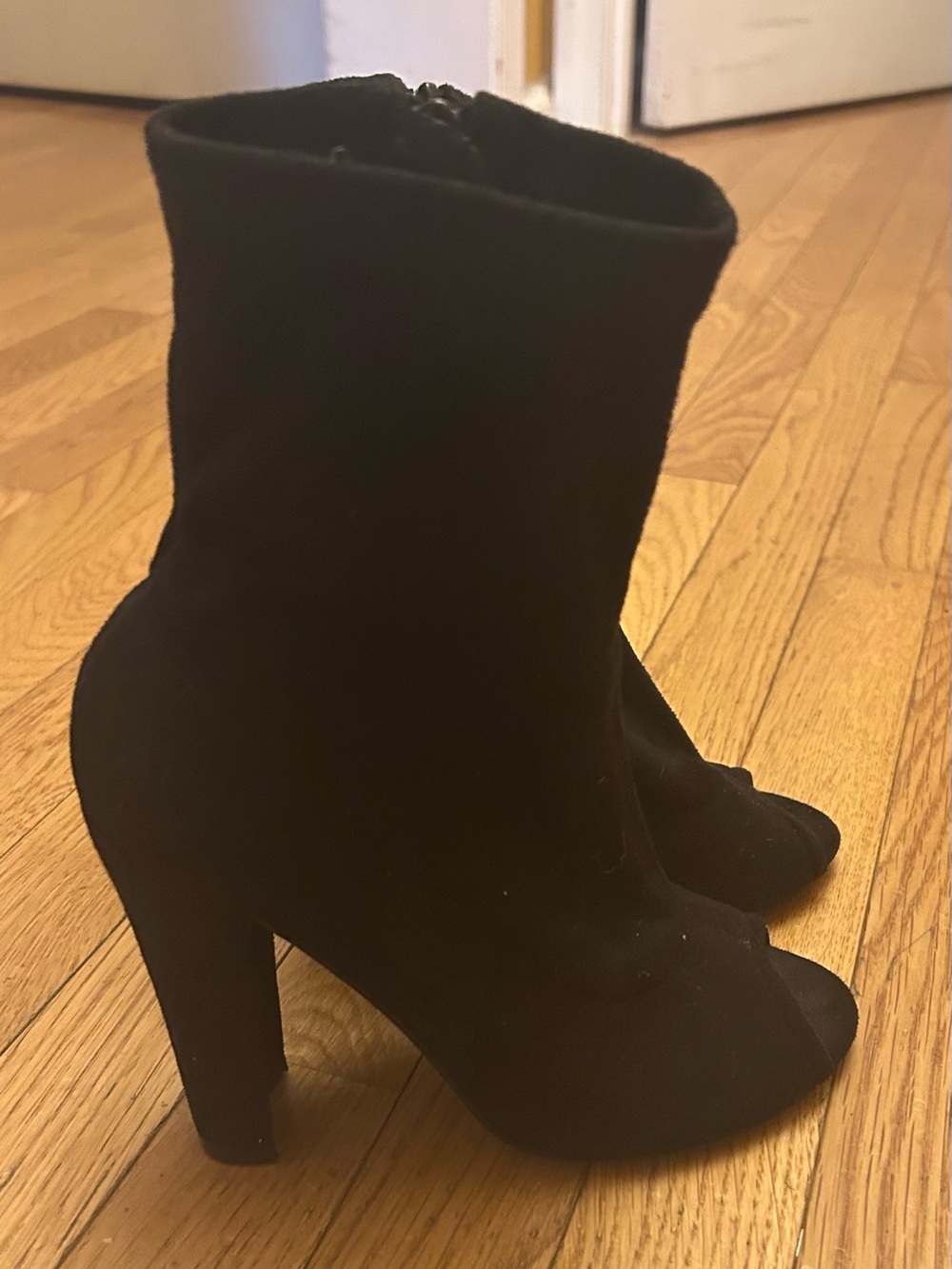 Shoe Republic LA black suede ankle boots with peep toe and 4” black heel